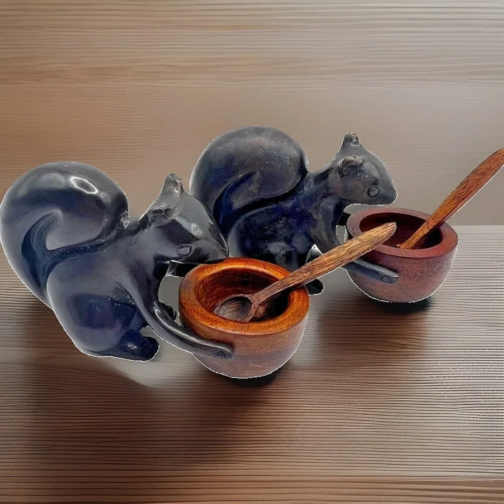 2 Pottery Barn Salt Server Cellar Squirrel Mini Wood Serving Spoon Cast Iron